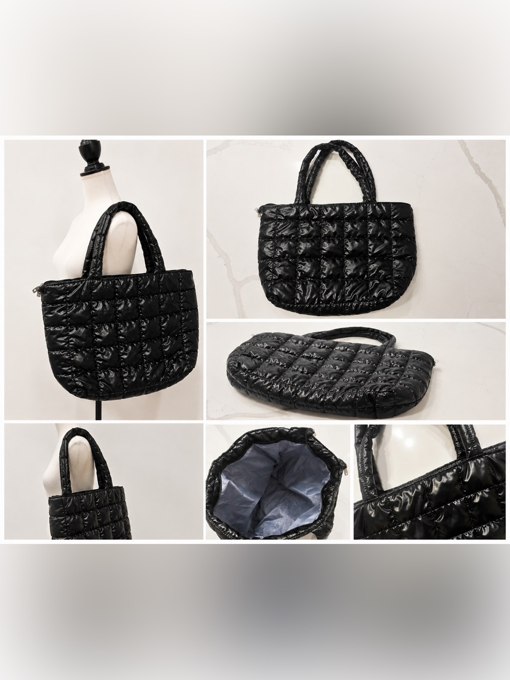 Black Quilted Puffer Nylon Tote Bag Large Lightweight Shoulder Bag